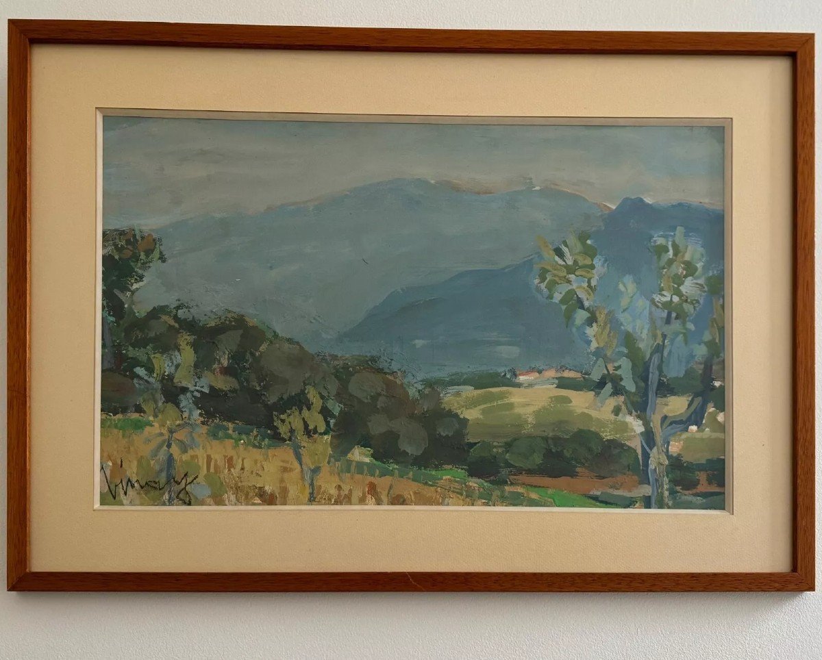 Watercolor On Paper By Jean Vinay Isère Mountain Landscape