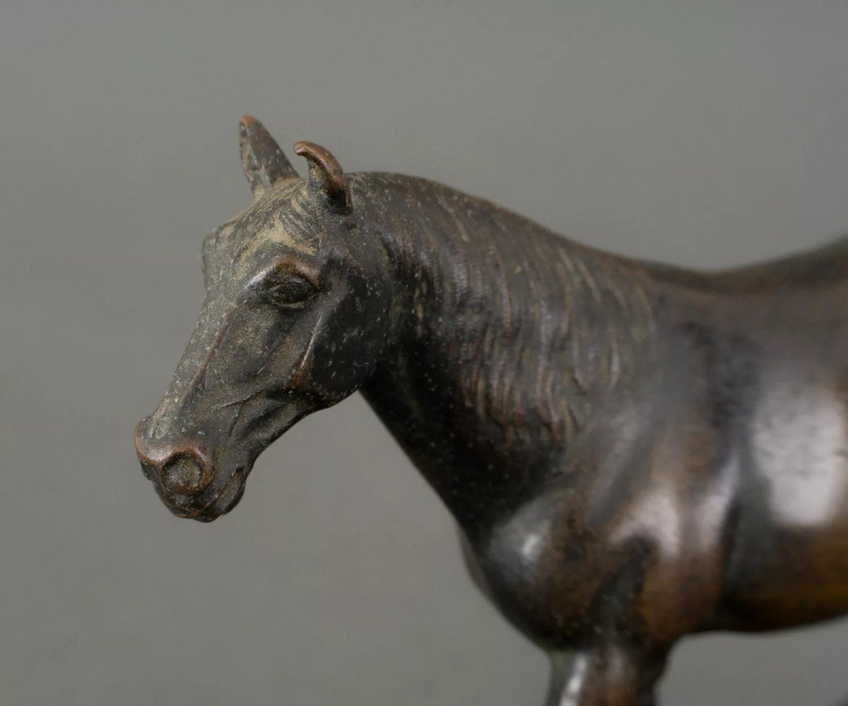 19th Century Miniature Bronze Draft Horse With Dark Brown Patina-photo-2