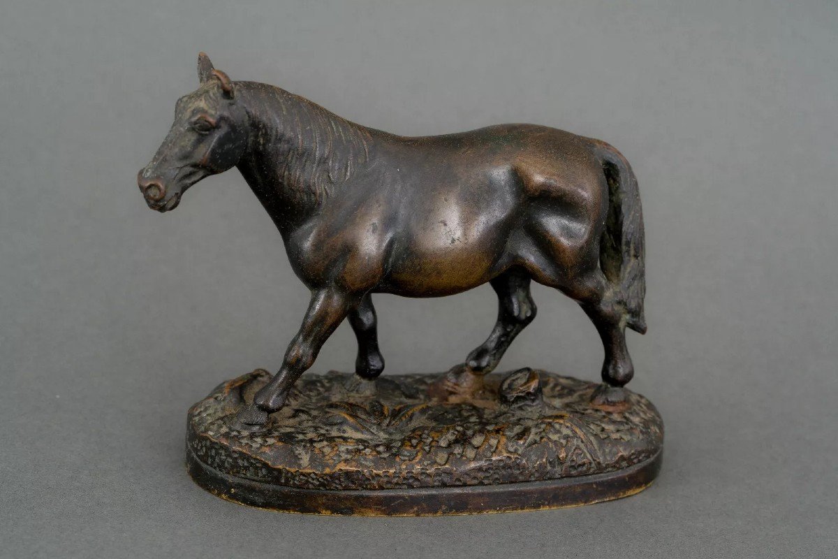 19th Century Miniature Bronze Draft Horse With Dark Brown Patina-photo-3