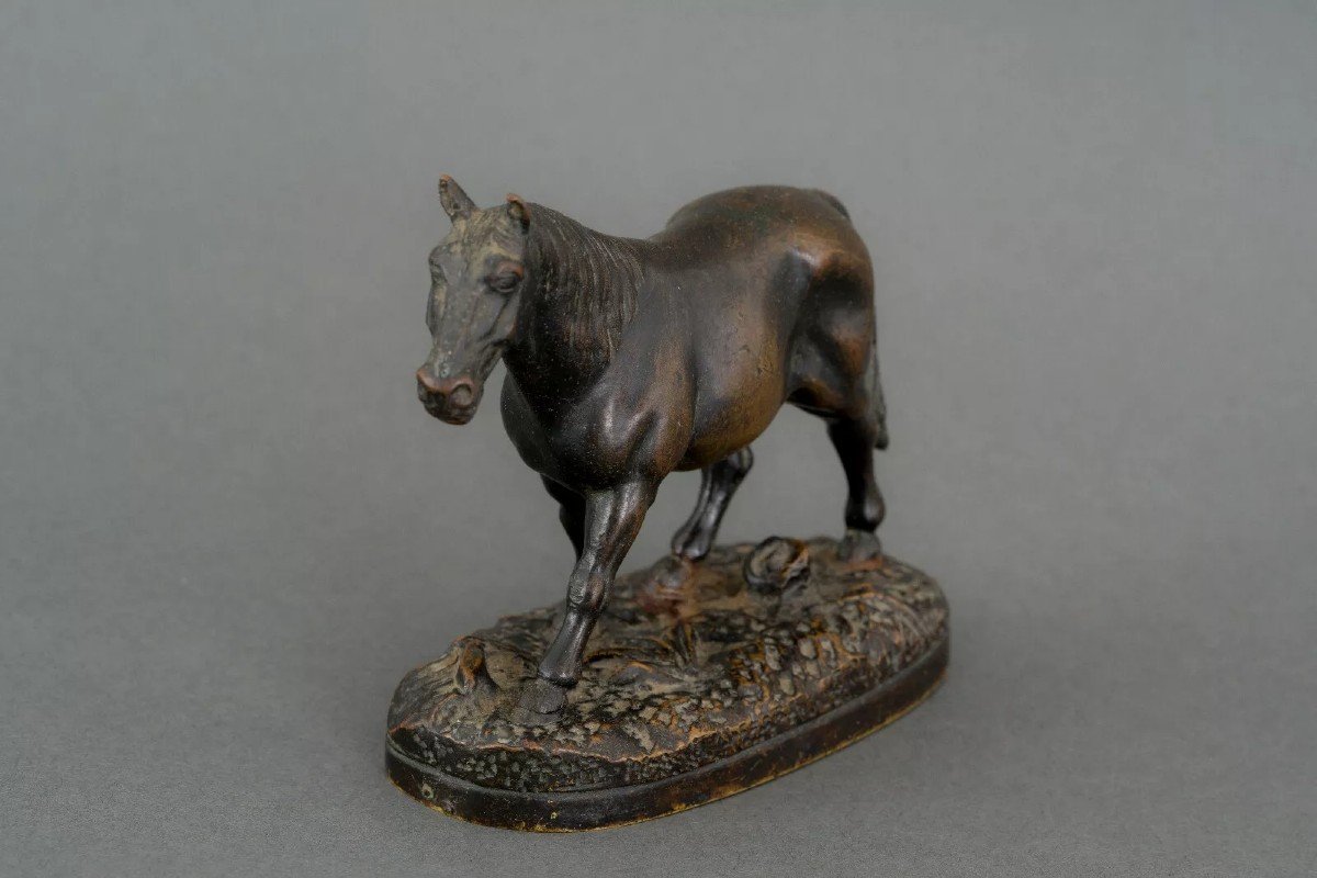 19th Century Miniature Bronze Draft Horse With Dark Brown Patina-photo-4