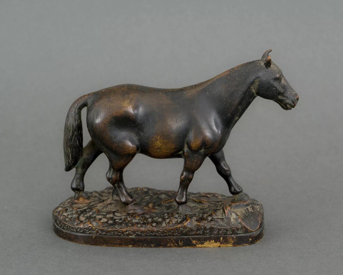 19th Century Miniature Bronze Draft Horse With Dark Brown Patina-photo-3