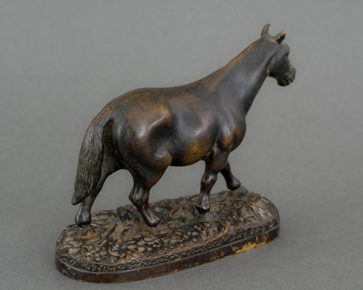 19th Century Miniature Bronze Draft Horse With Dark Brown Patina-photo-4