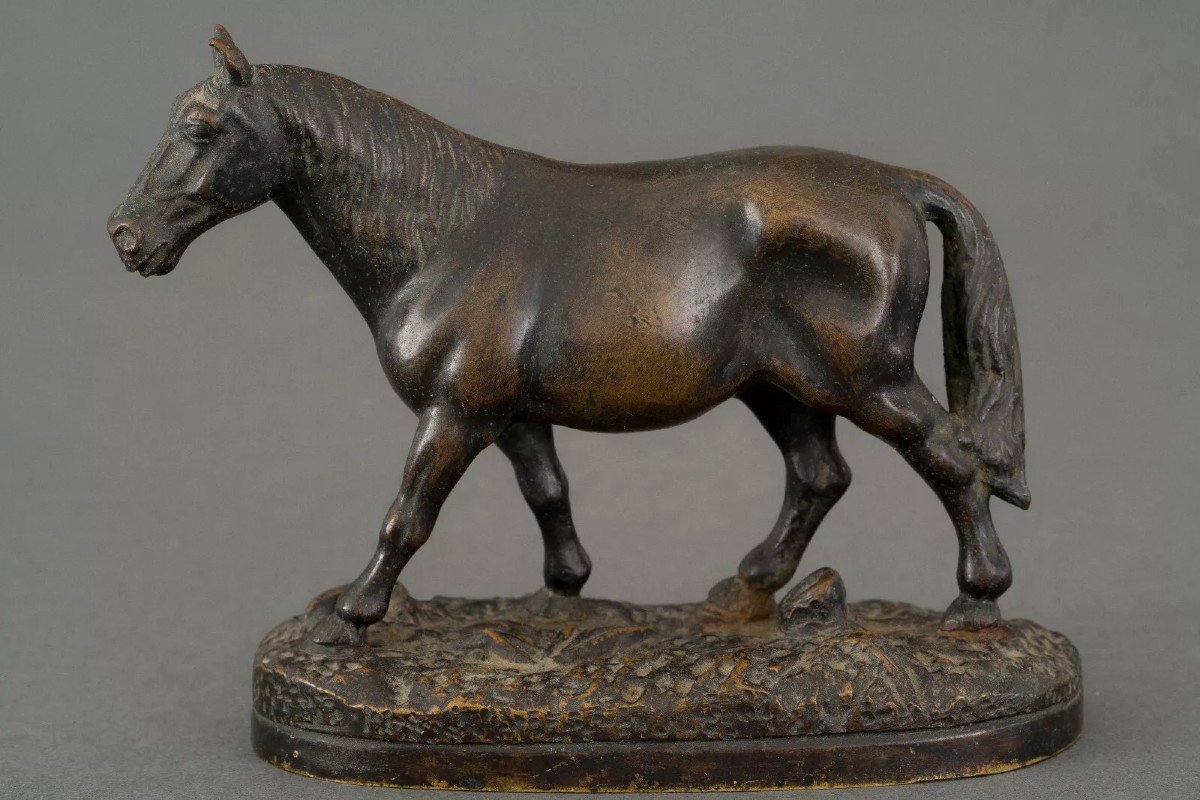 19th Century Miniature Bronze Draft Horse With Dark Brown Patina