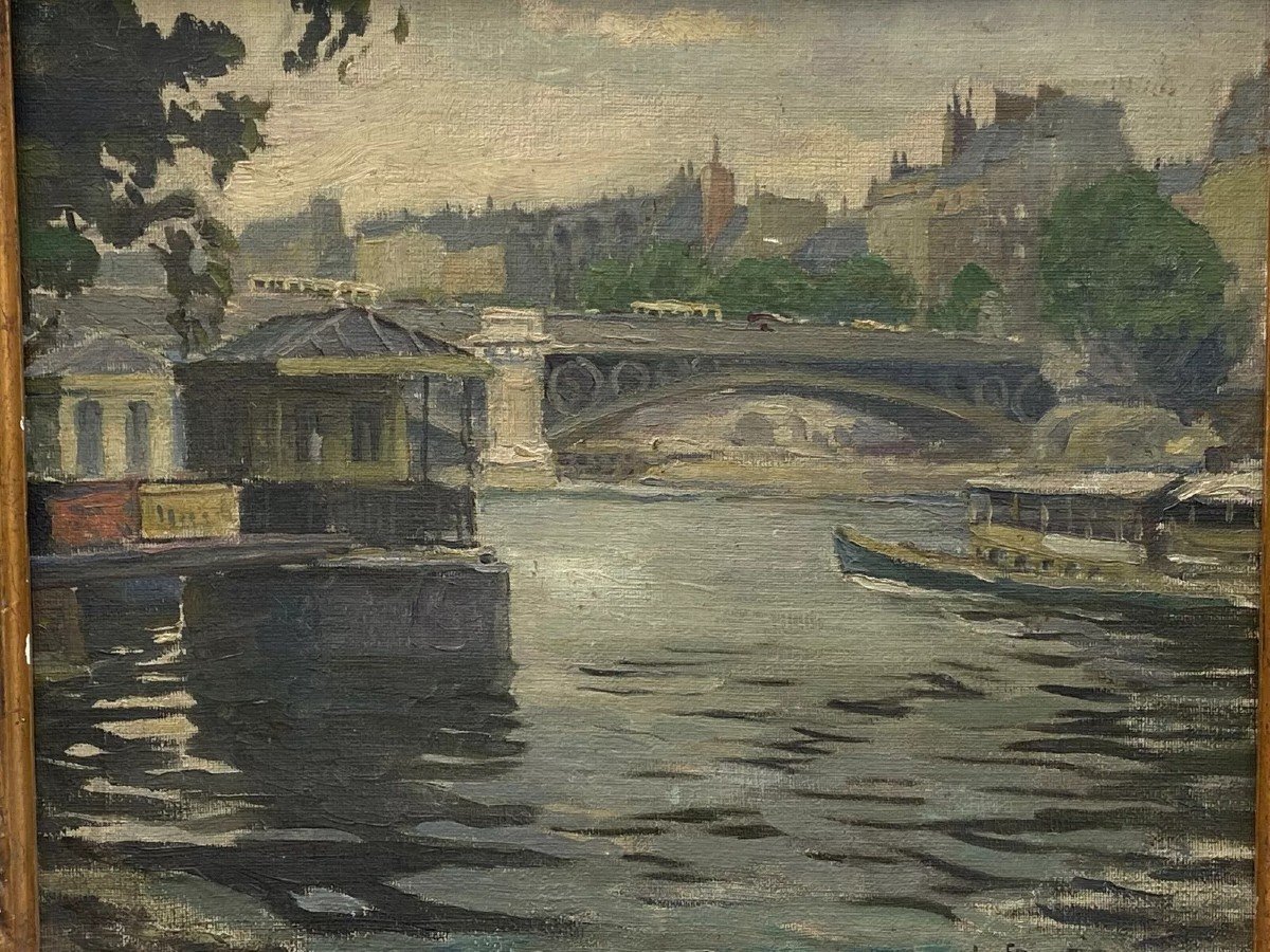 Oil On Canvas Paris Barges By Louis P. Szanto 1900-photo-2