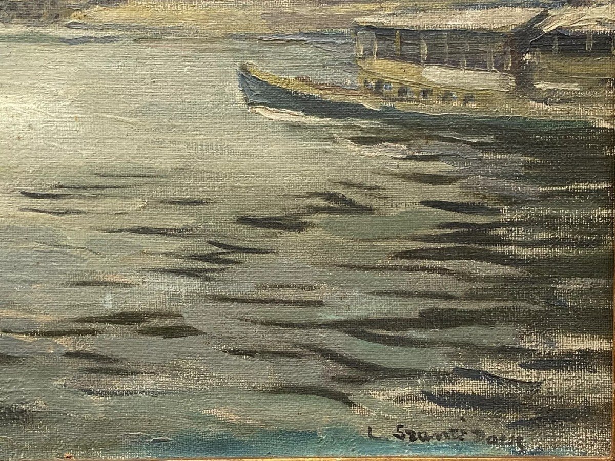 Oil On Canvas Paris Barges By Louis P. Szanto 1900-photo-2