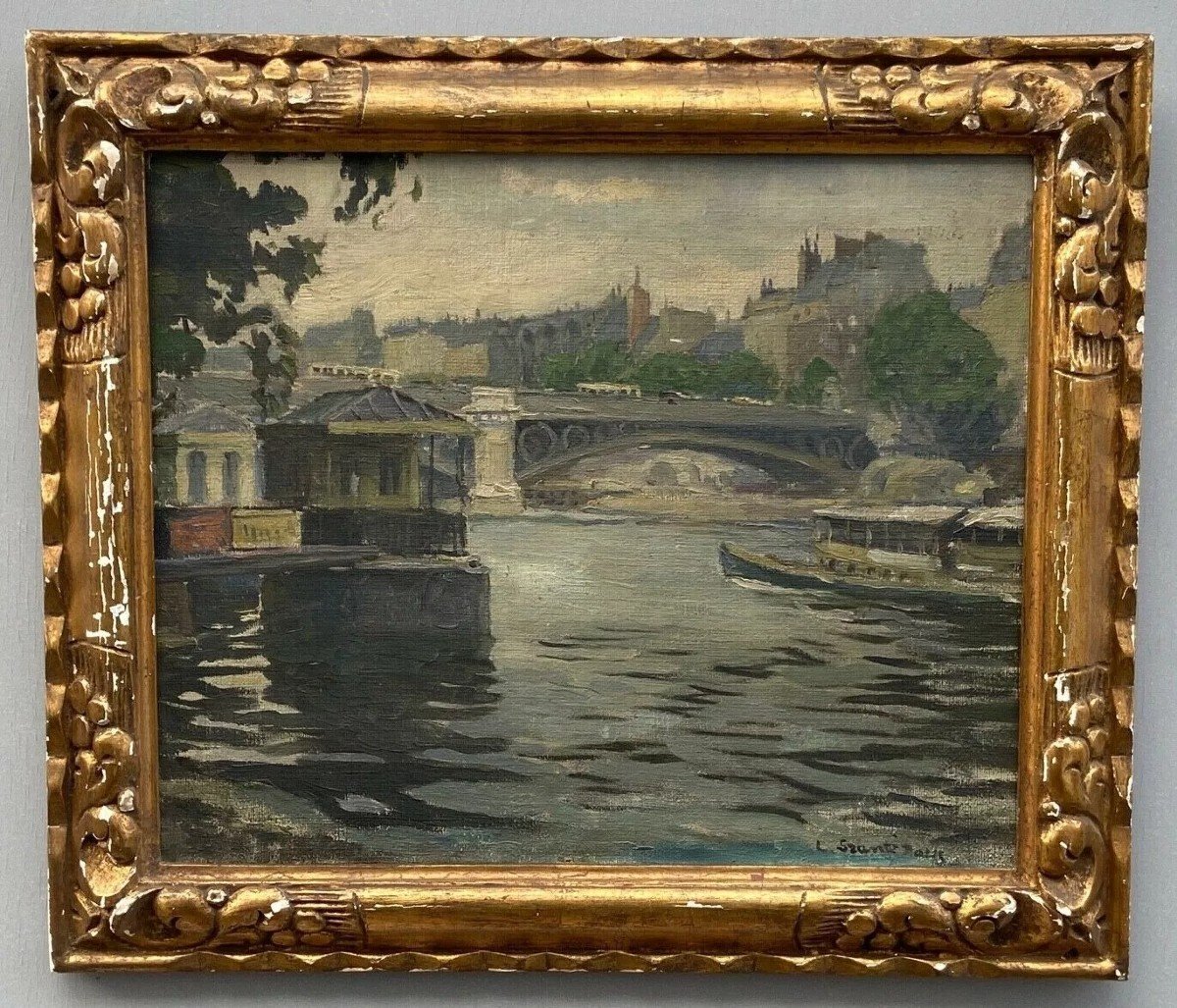 Oil On Canvas Paris Barges By Louis P. Szanto 1900