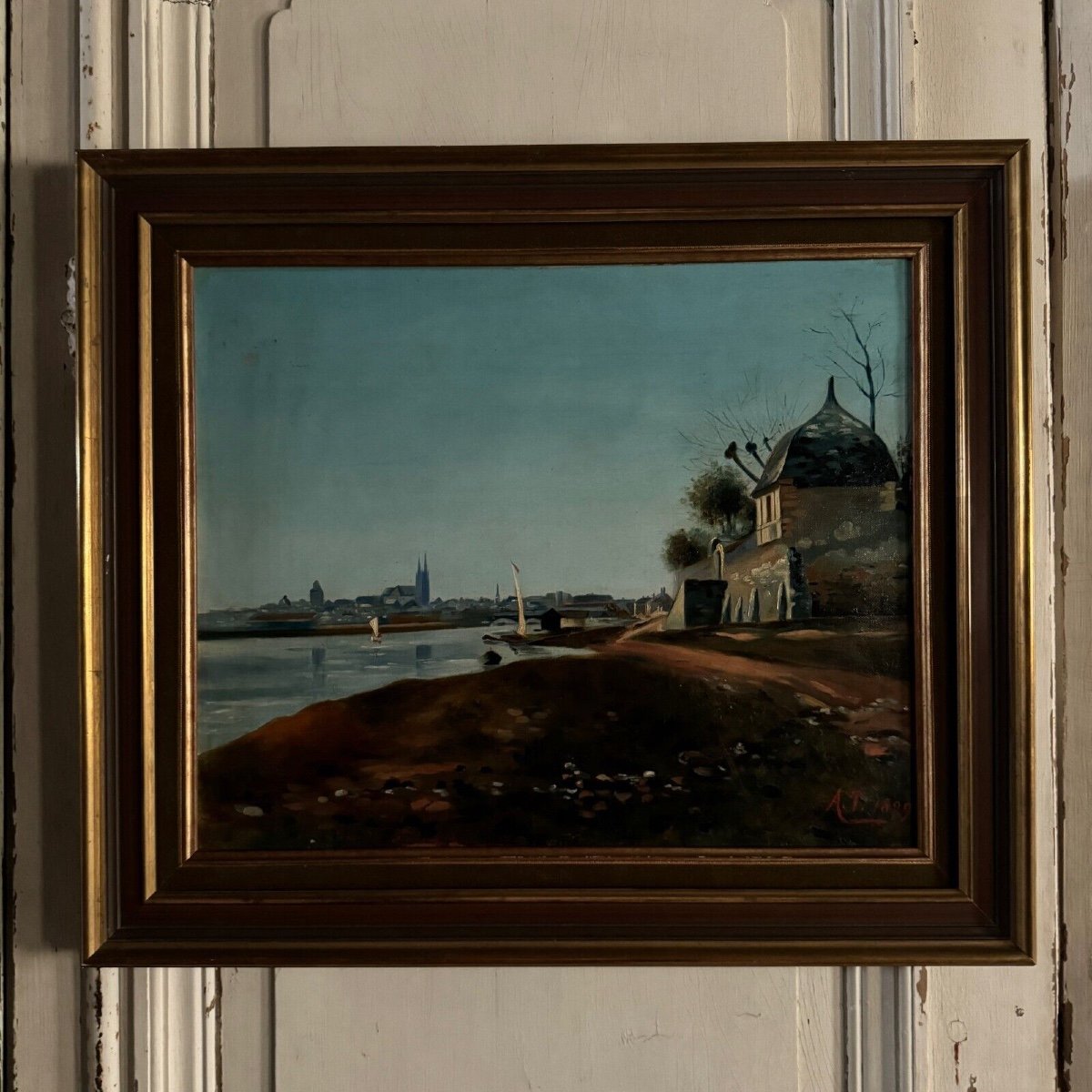 Oil On Canvas Riverside Late 19th Century Monogram At-photo-2