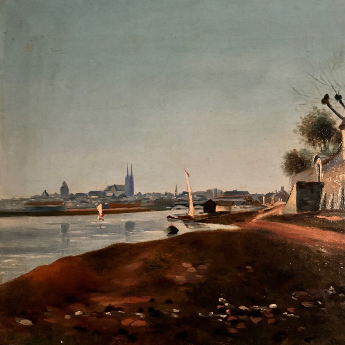 Oil On Canvas Riverside Late 19th Century Monogram At-photo-3