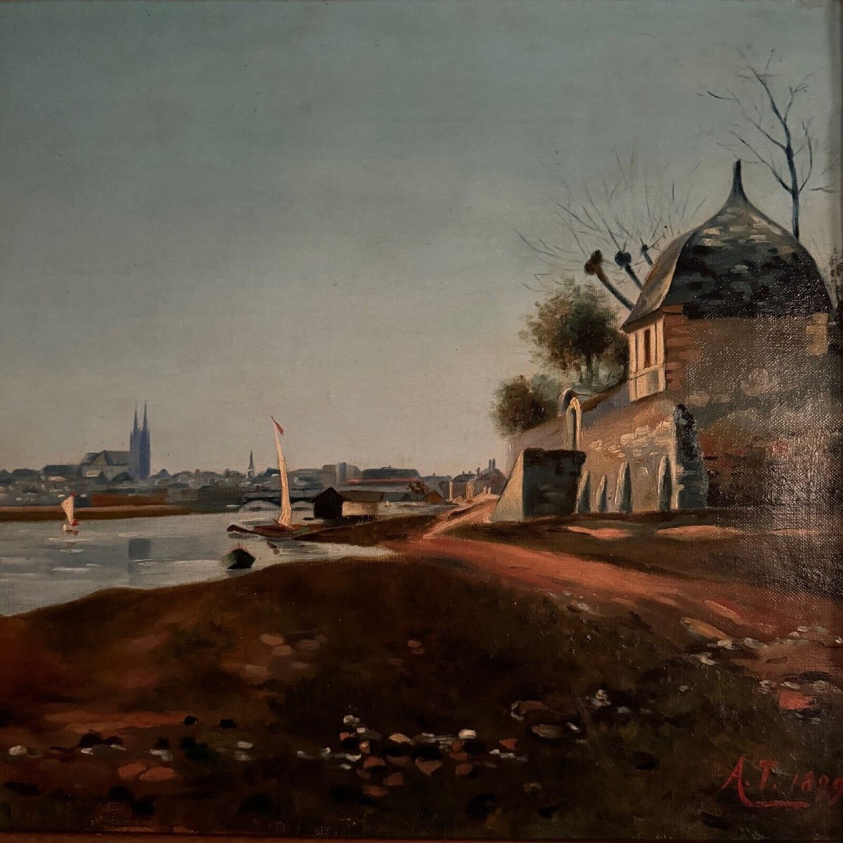 Oil On Canvas Riverside Late 19th Century Monogram At-photo-4