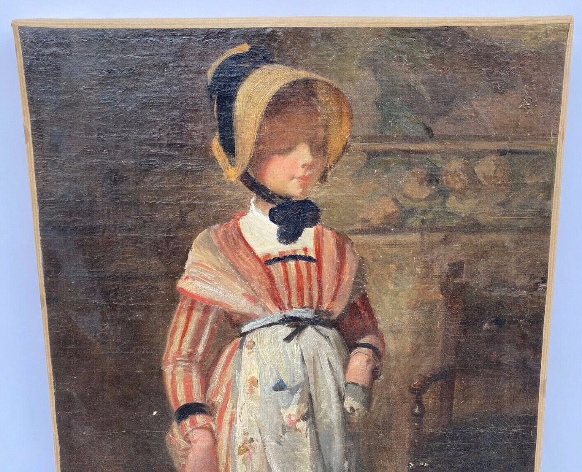 Huile sur toile portrait de jeune fille sur pied costume d'époque-photo-2