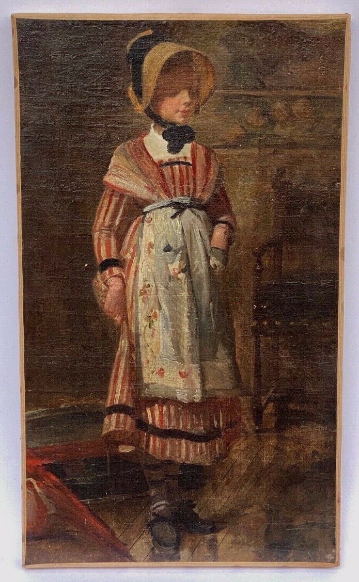 Huile sur toile portrait de jeune fille sur pied costume d'époque