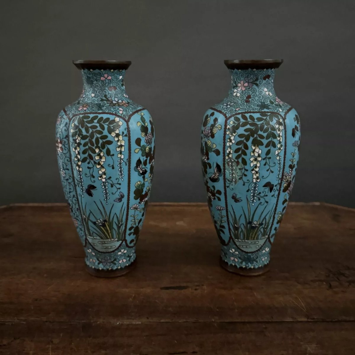 Pair Of Cloisonné Vases With Floral And Butterfly Decoration, Late 19th Century-photo-2