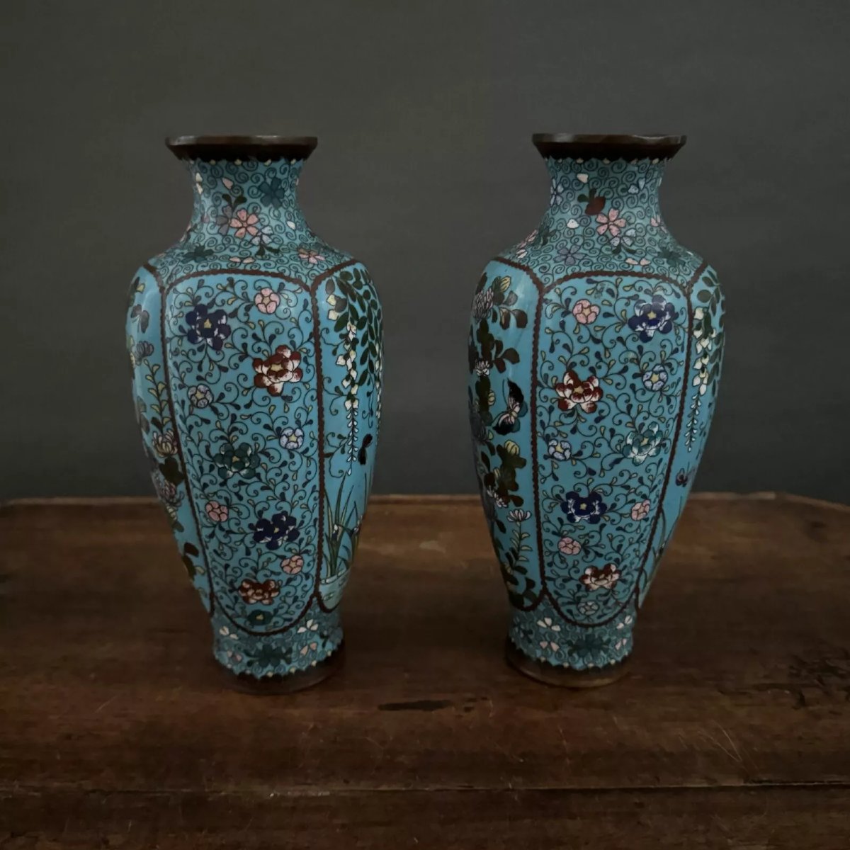 Pair Of Cloisonné Vases With Floral And Butterfly Decoration, Late 19th Century-photo-3