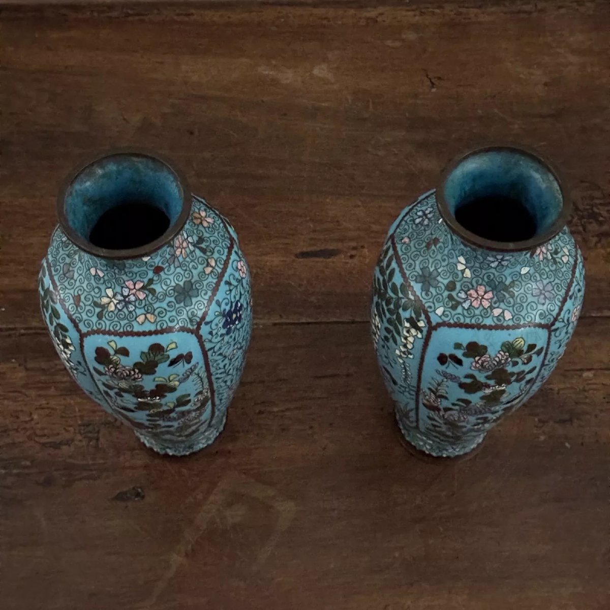 Pair Of Cloisonné Vases With Floral And Butterfly Decoration, Late 19th Century-photo-4