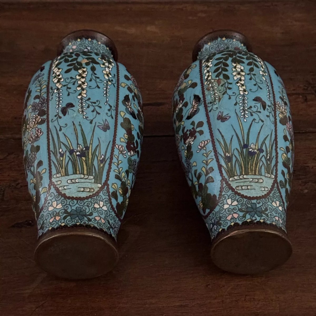 Pair Of Cloisonné Vases With Floral And Butterfly Decoration, Late 19th Century-photo-1