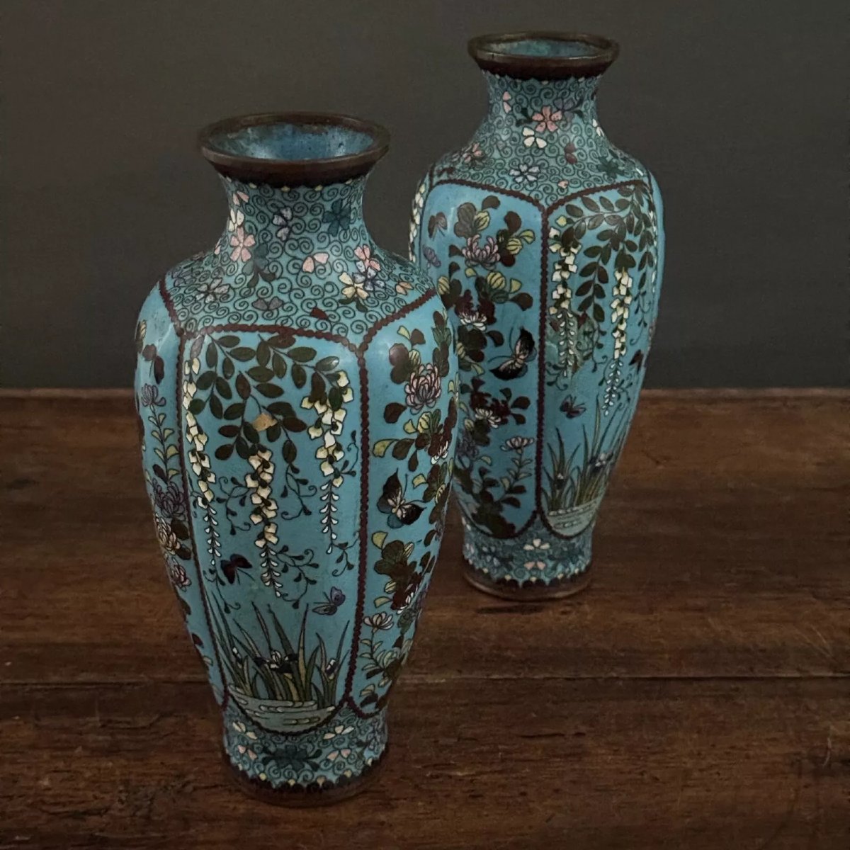 Pair Of Cloisonné Vases With Floral And Butterfly Decoration, Late 19th Century-photo-2