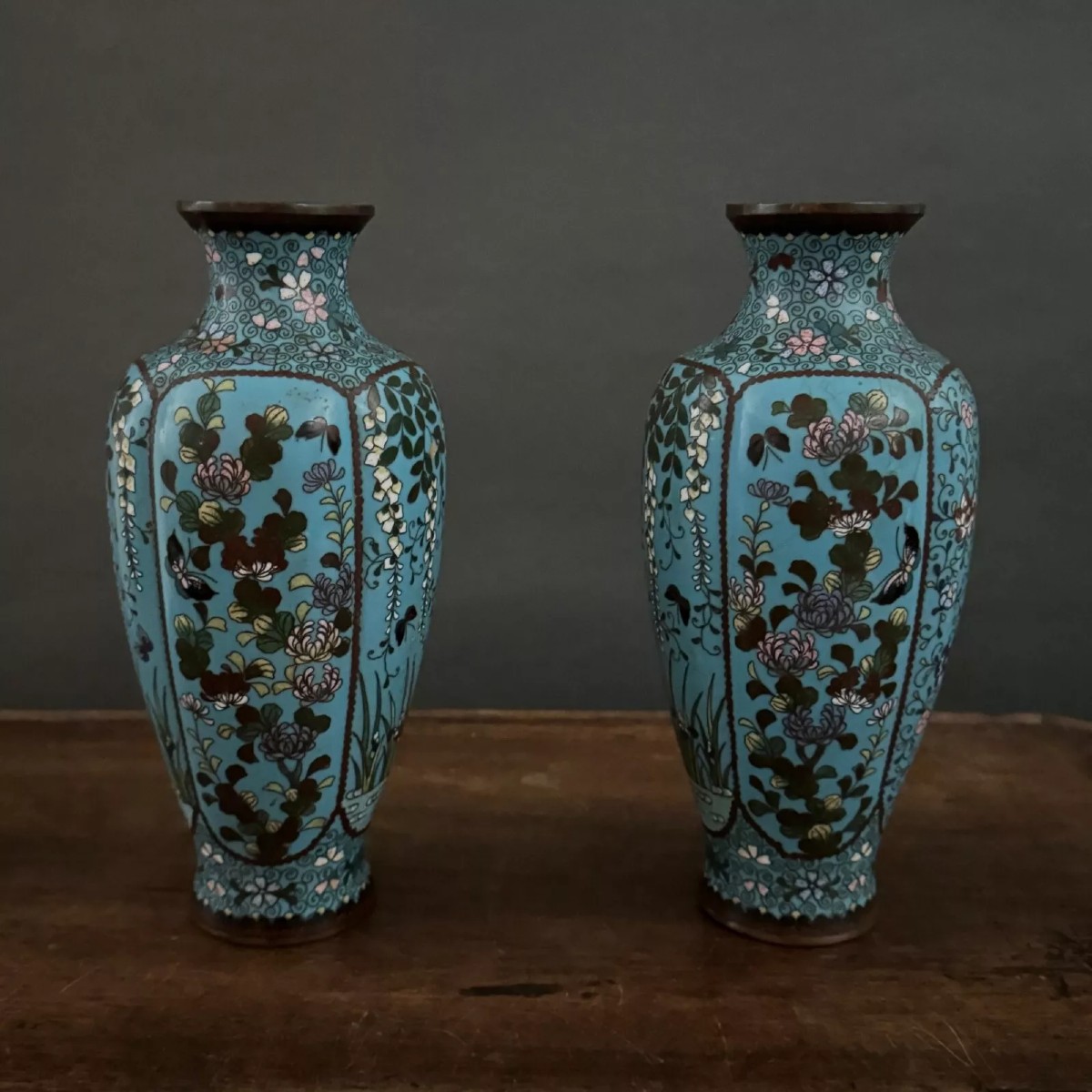 Pair Of Cloisonné Vases With Floral And Butterfly Decoration, Late 19th Century