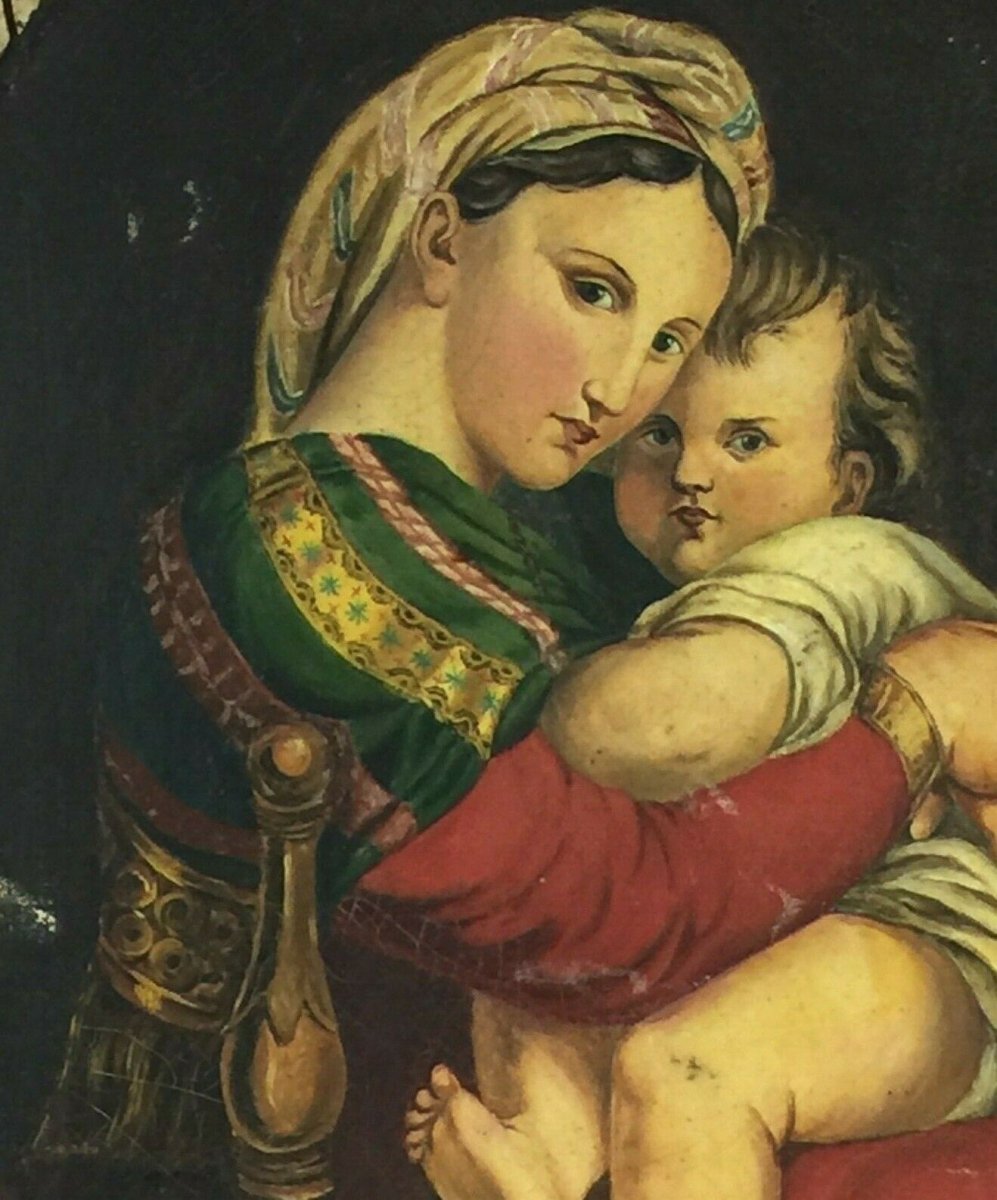 Huile sur toile Vierge à l'Enfant XIXe Reprise de Raphaël-photo-3