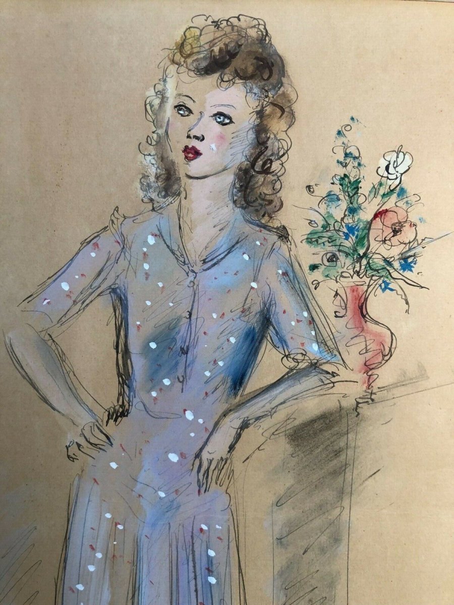 Andre Dignimont Watercolor Drawing Enhances Woman 1943 Signed Costume-photo-4