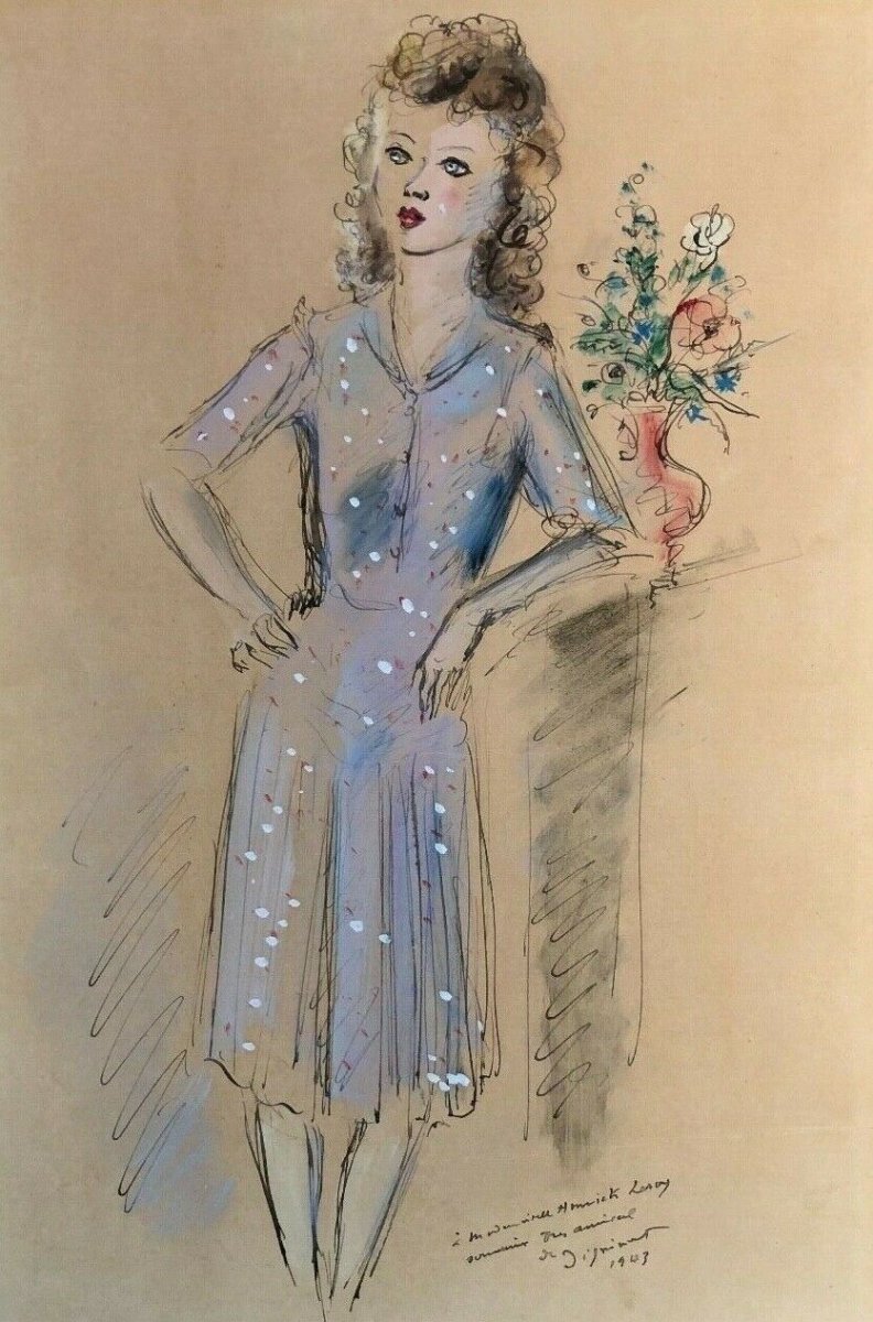 Andre Dignimont Watercolor Drawing Enhances Woman 1943 Signed Costume