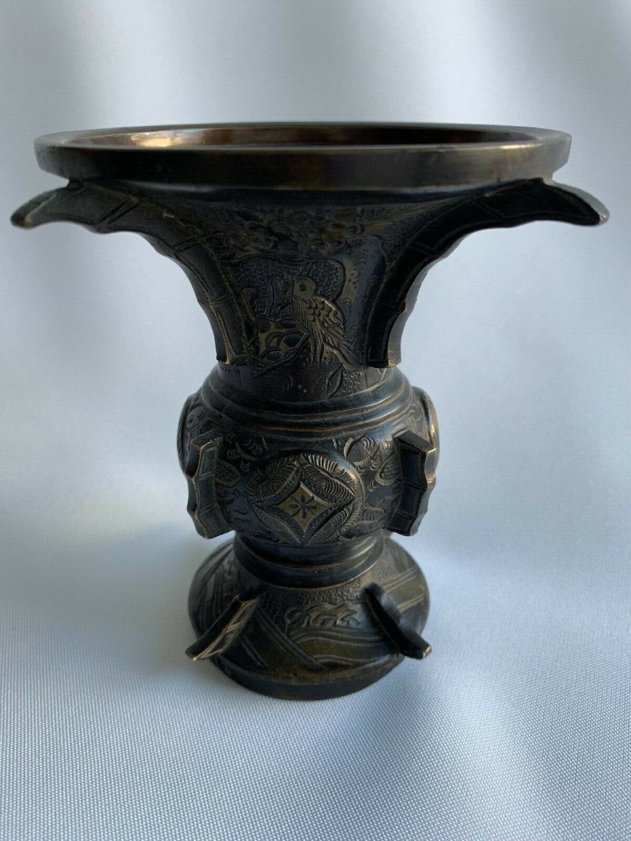 Japanese Bronze Vase With Gilding Decor Of Animals Chiseled Fins XIX-photo-3