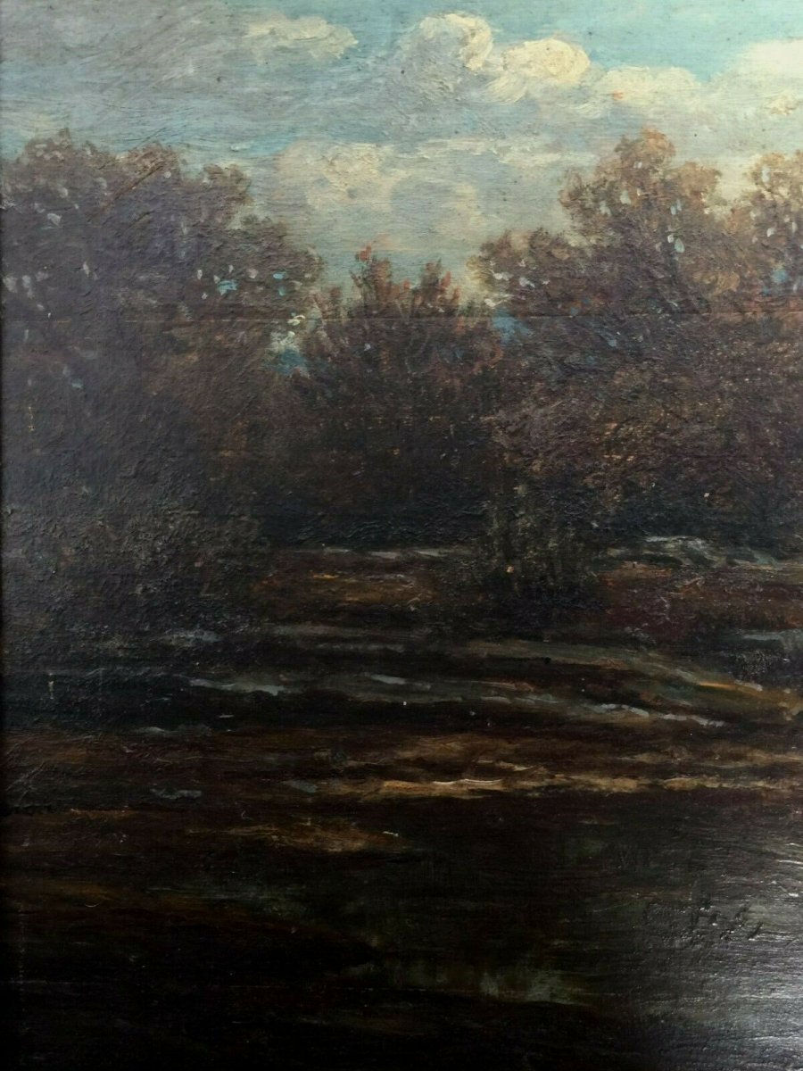 Huile sur panneau de bois par Chevallier 1878 Scène Barbizon Cadre en bois-photo-4