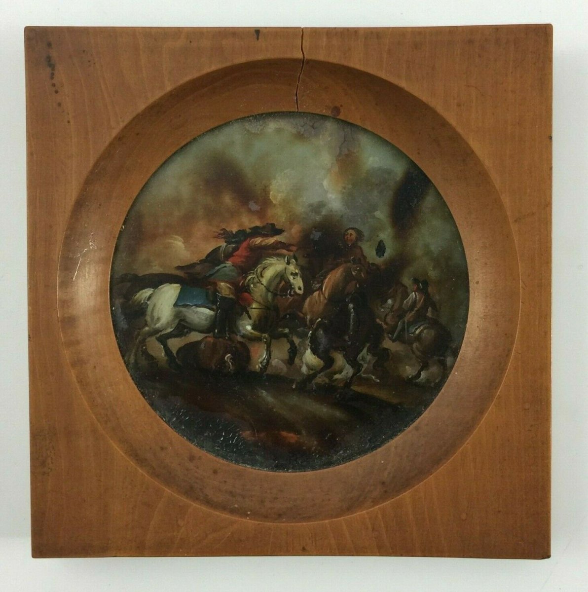 Miniature Under Glass Battle Scene Horses XIX Eme Wooden Frame-photo-2