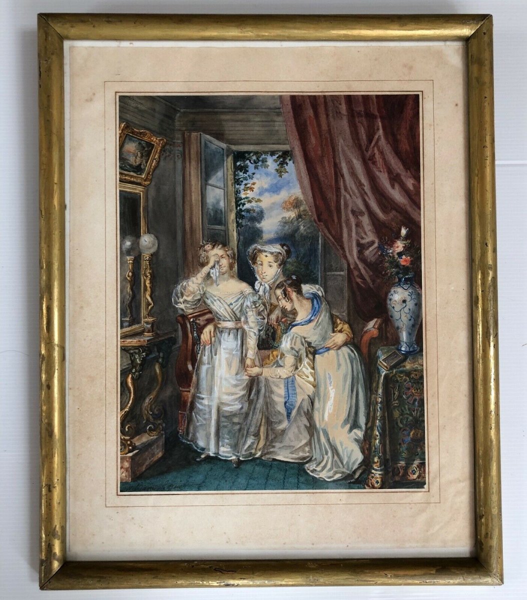 Aquarelle sur papier par  William Louis Scène d'intérieur avec jeunes filles XIXe-photo-3