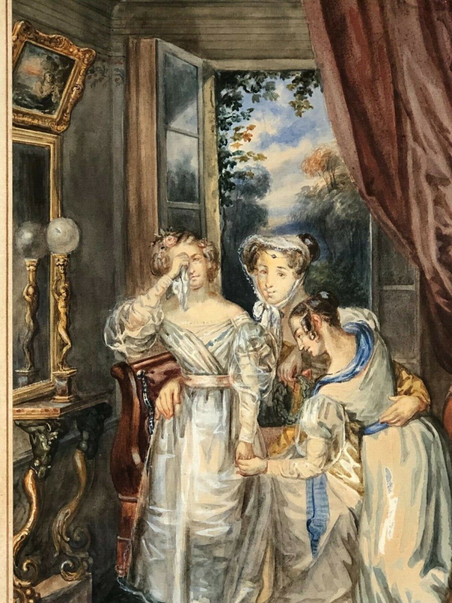 Aquarelle sur papier par  William Louis Scène d'intérieur avec jeunes filles XIXe-photo-4