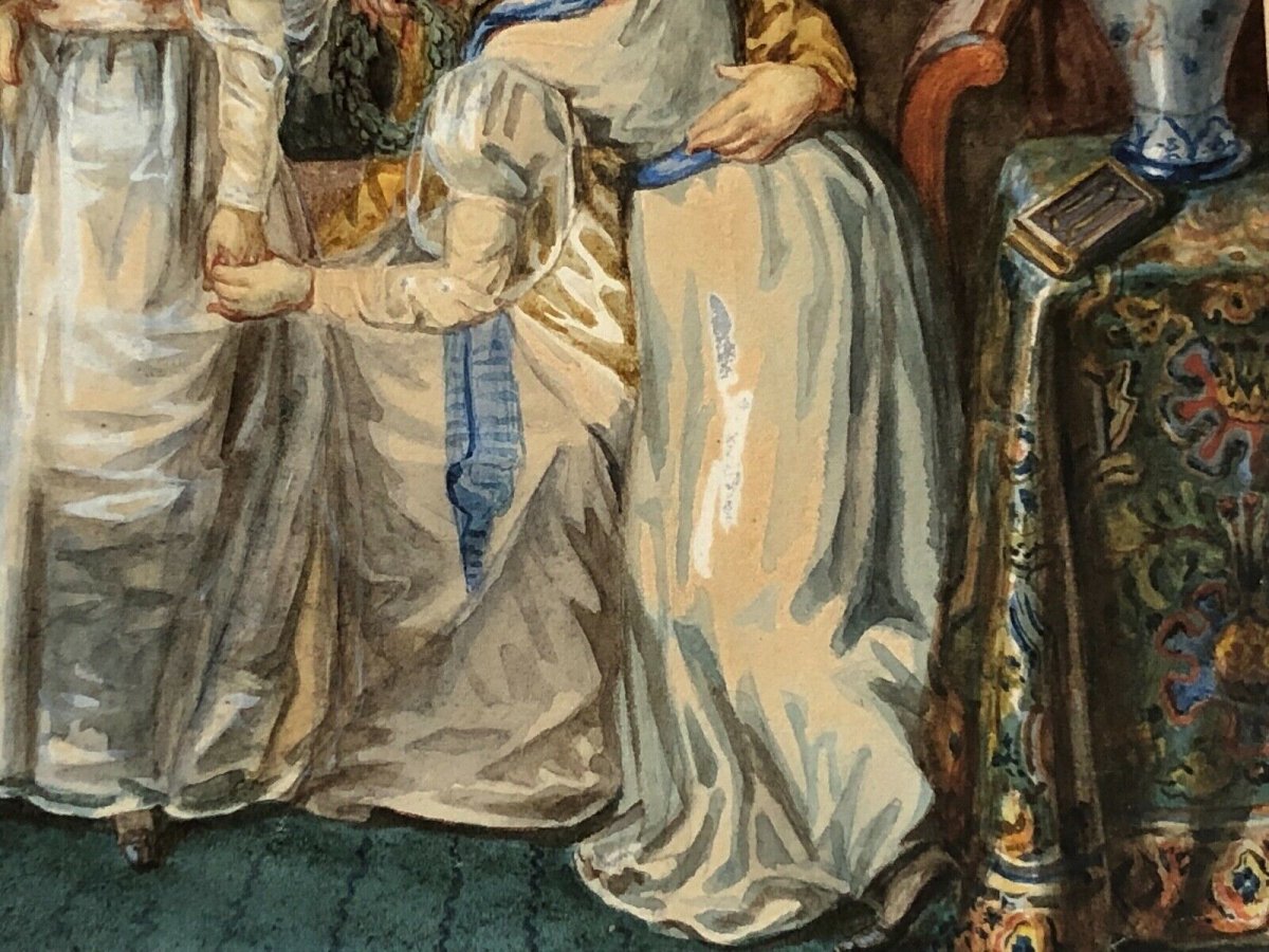 Aquarelle sur papier par  William Louis Scène d'intérieur avec jeunes filles XIXe-photo-3