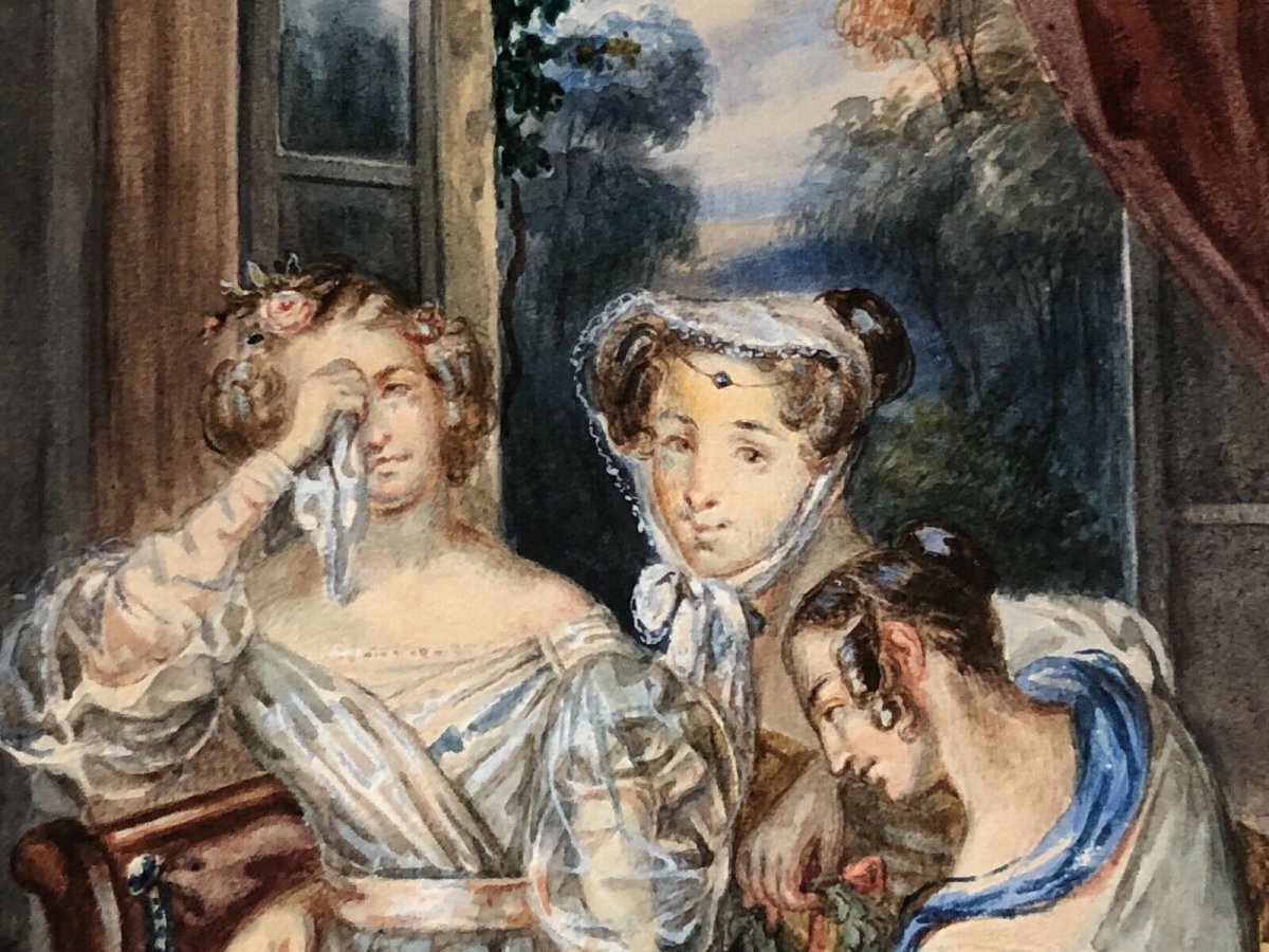 Aquarelle sur papier par  William Louis Scène d'intérieur avec jeunes filles XIXe-photo-4