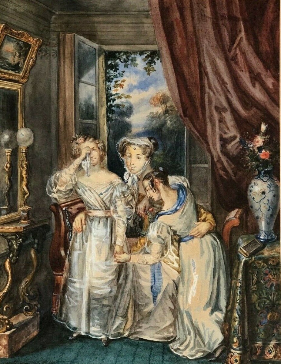 Aquarelle sur papier par  William Louis Scène d'intérieur avec jeunes filles XIXe