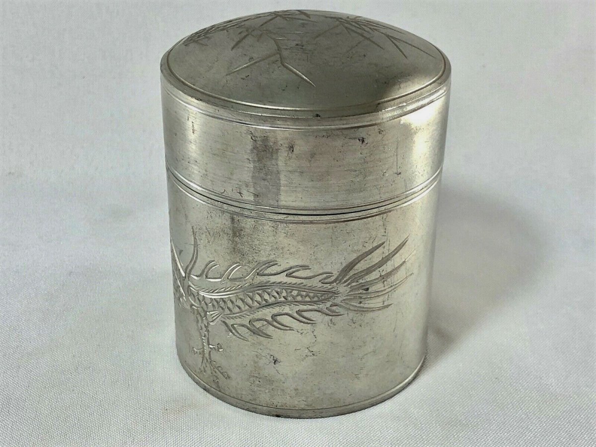 Tin Box Kuthing Pewter Swatow Decor Dragon And Bamboo China-photo-3