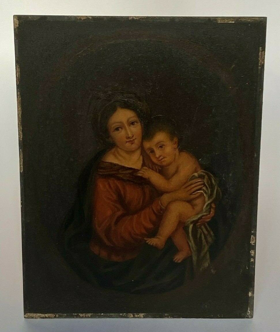 Huile sur panneau Vierge Marie XIXe Travail italien Cadre doré-photo-2