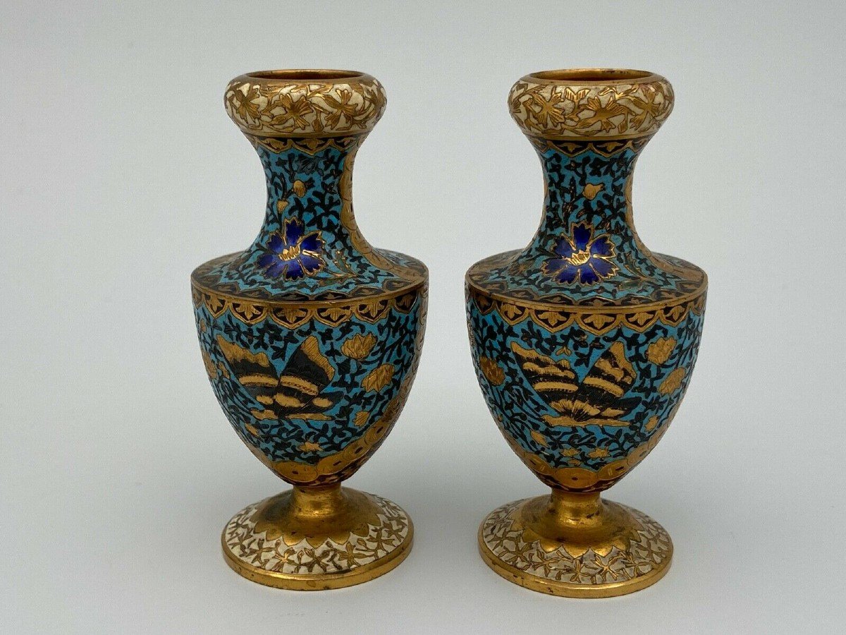 Pair Of Cloisonne Vases In Bronze XIX Eme Decor D Barbedienne Birds-photo-4