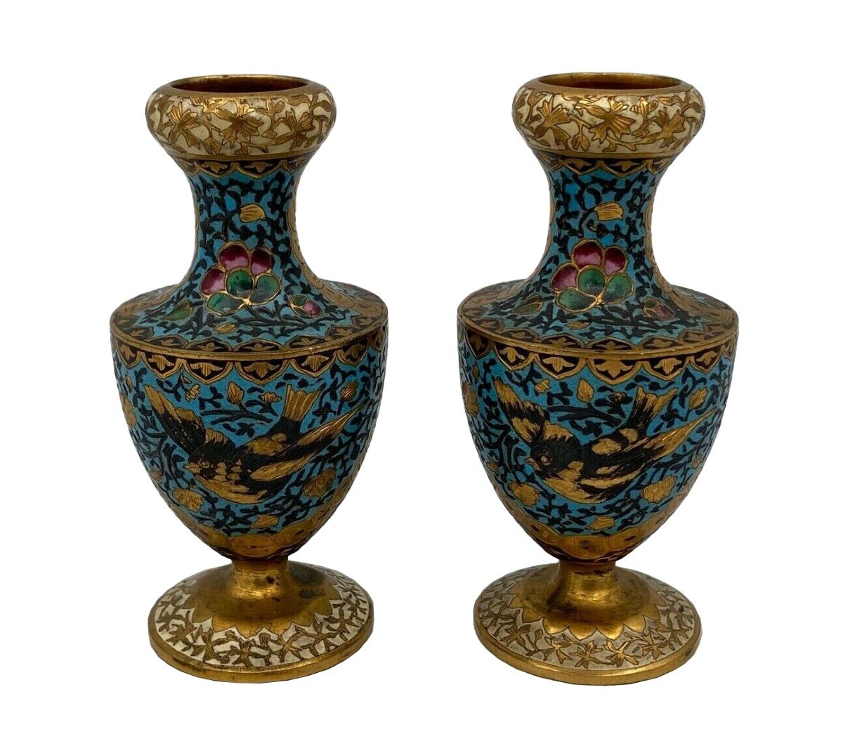 Pair Of Cloisonne Vases In Bronze XIX Eme Decor D Barbedienne Birds