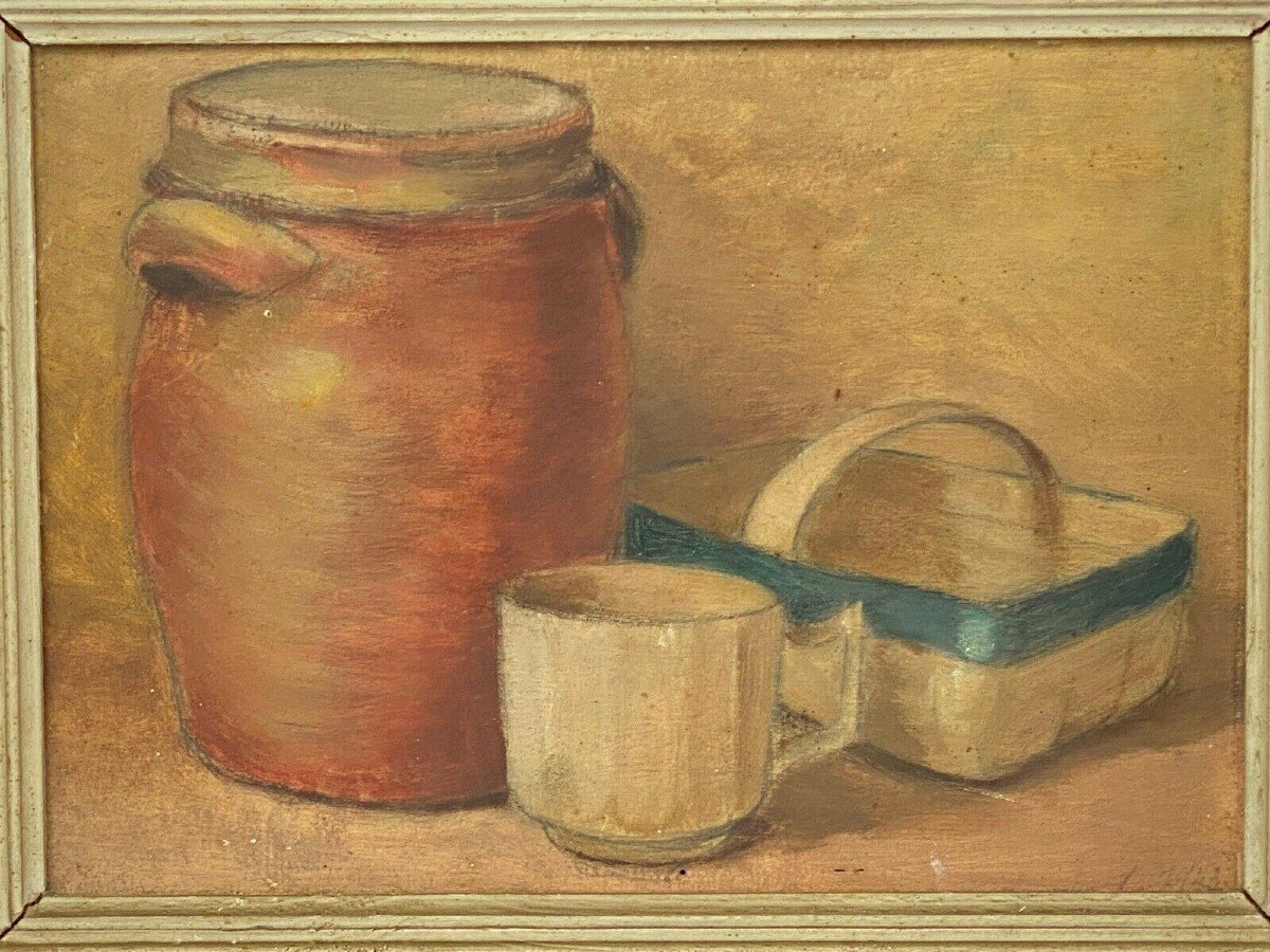 Nature morte Huile sur Panneau Pot en gres Panier 1943-photo-2