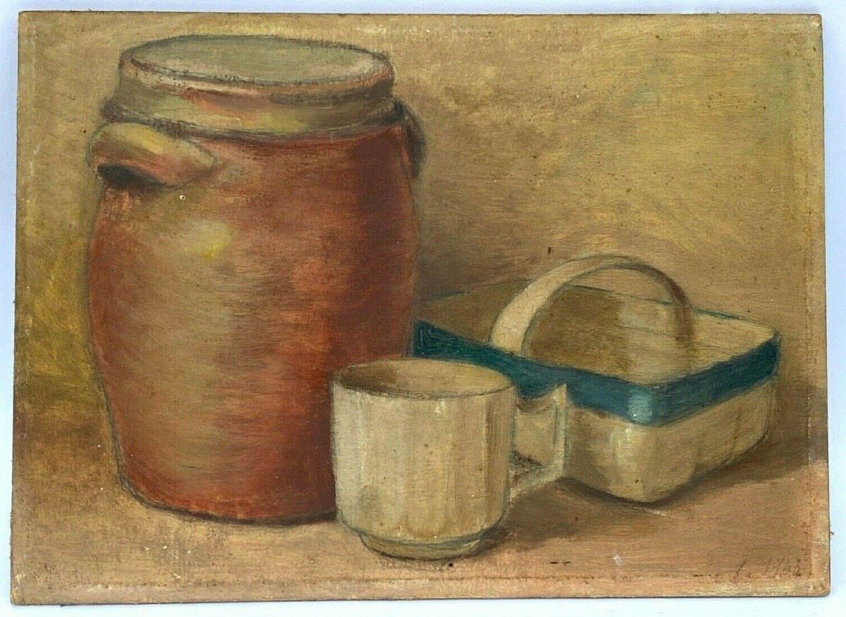 Nature morte Huile sur Panneau Pot en gres Panier 1943-photo-6