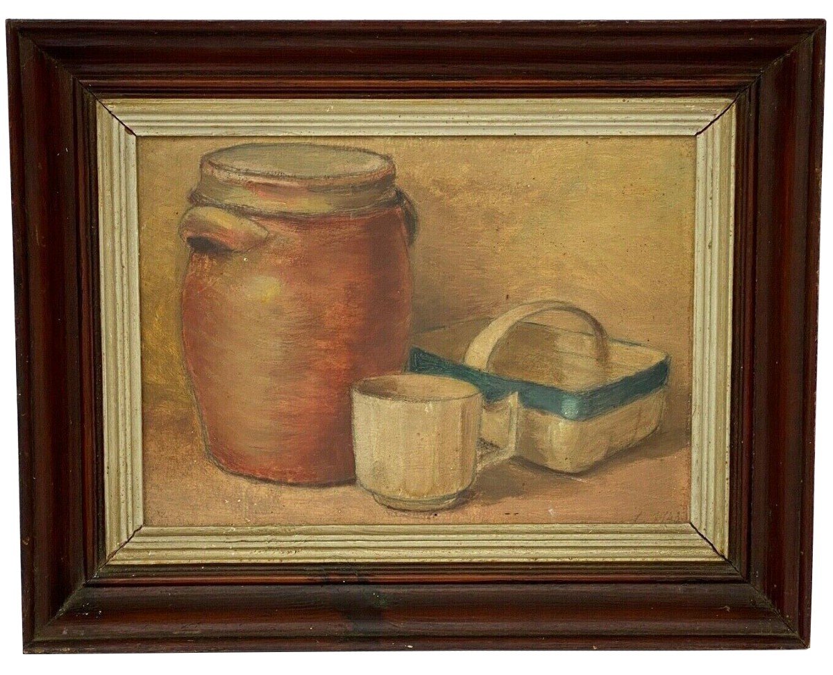 Nature morte Huile sur Panneau Pot en gres Panier 1943