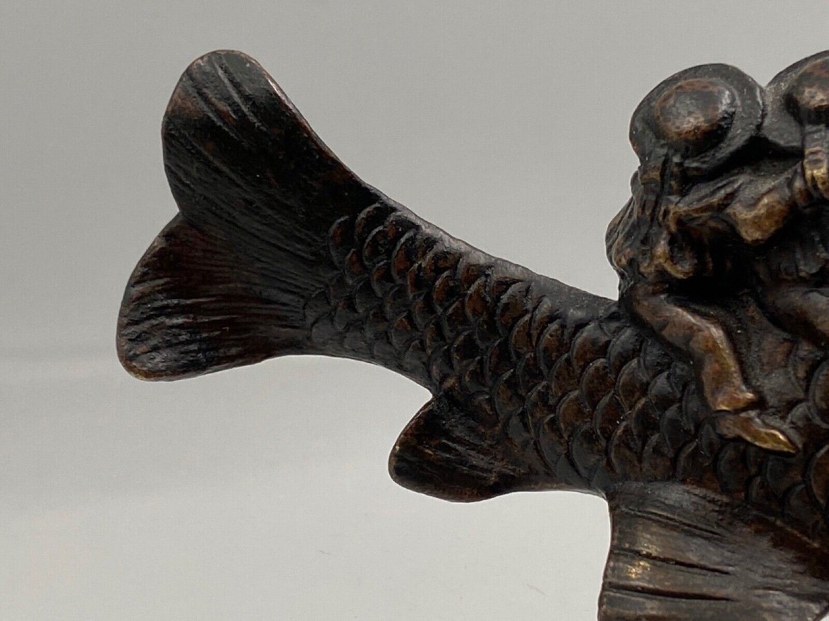 Sujet En Bronze Okimono XIXe  Marins Chevauchant Un Poisson-photo-6