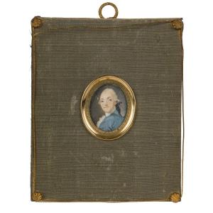 18th Century Miniature Portrait Of A Gentleman Signed Frame In Green Fabric