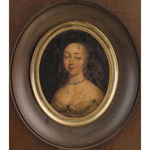 Miniature Portrait De Femme En Costume Epoque Louis XV Cadre Bois