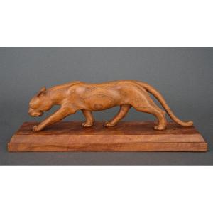 Cubizing Panther In Art Deco Wood Carved In The Mass 1930