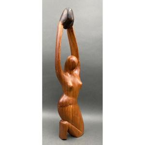 Statue brutaliste 1970 Femme nue taillée dans la masse Bois sculpté