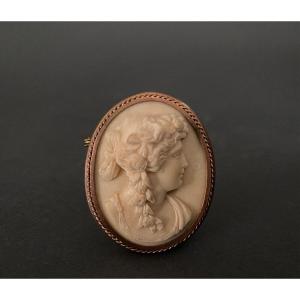 Antique Cameo Of A Woman's Profile In 19th Century Limestone, Gilded Metal Surround