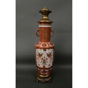19th Century Japanese Porcelain Lamp Base Decorated With Bronze And Birds
