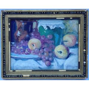 Huile sur panneau par J. Denjerma nature morte aux fruits double vue 