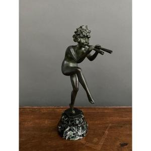 Sujet en bronze Art déco par Georges Albert Clerc femme double flûtes