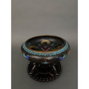 Cloisonné Cup China 19th Century Dragon Decoration On Wooden Support