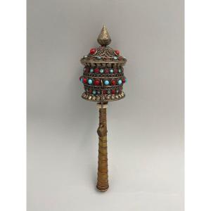 Ancient Nepalese Tibetan Buddhist Prayer Wheel Inlaid Stones